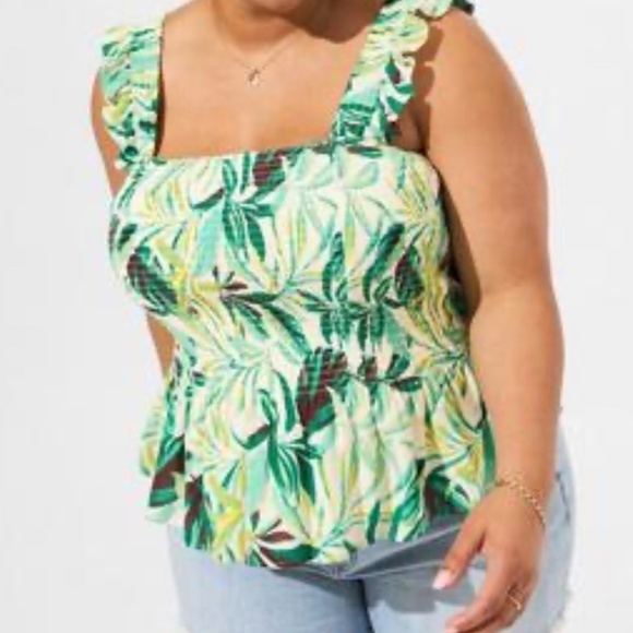 Torrid Floral Tank Top 4X Green Peplum Crinkle Gauze Smock Euro Summer Feminine - Picture 1 of 13